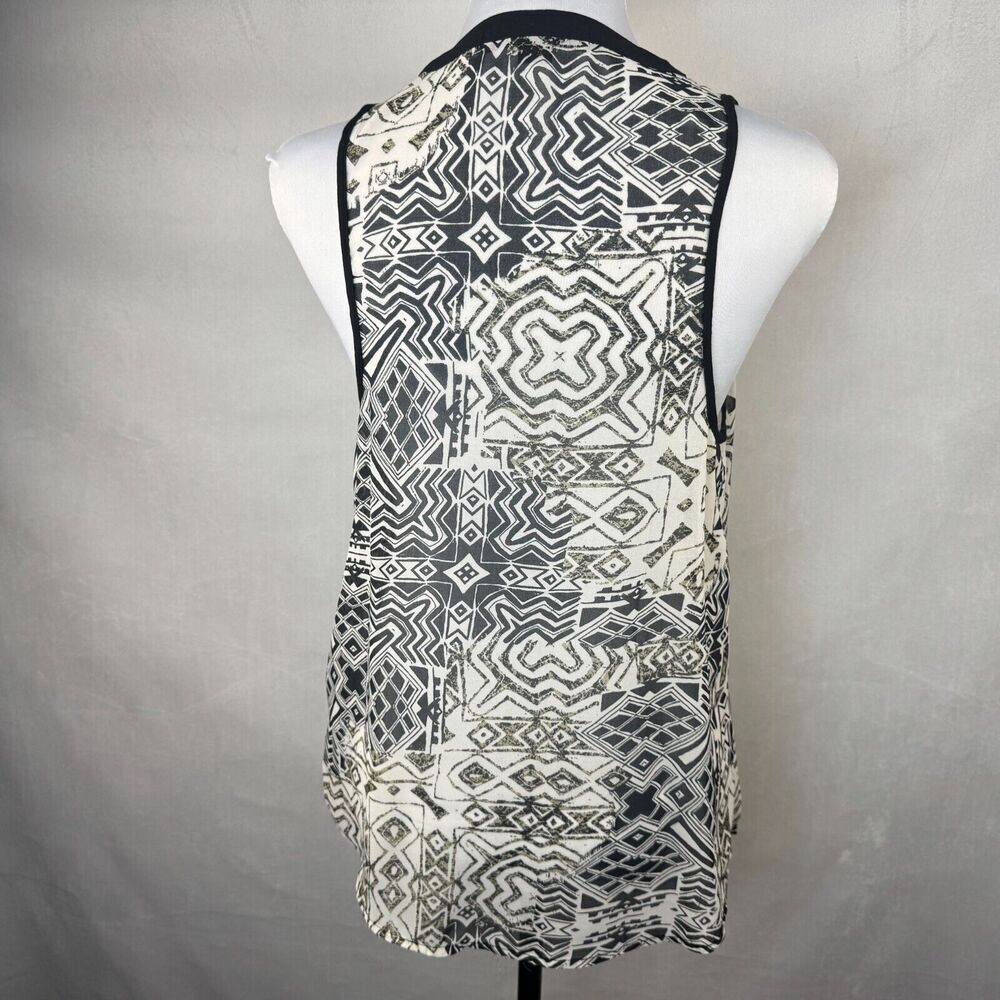 Forever 21 Sheer Tunic Sz M Geometric VNeck Button Down Black Trim Sleeveless