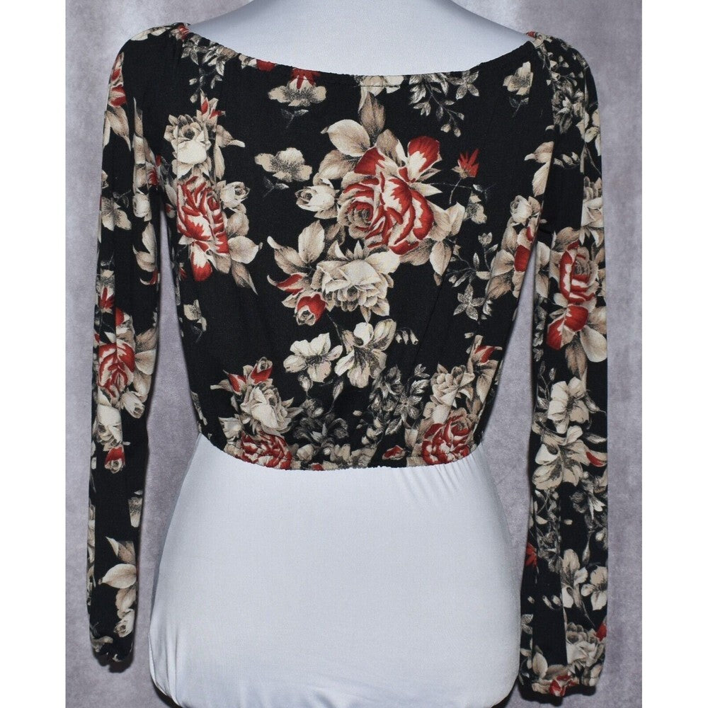 Fashion Nova Black Floral  Boat Neckline Long Sleeve Crop Top - Size Small