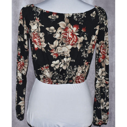 Fashion Nova Black Floral  Boat Neckline Long Sleeve Crop Top - Size Small