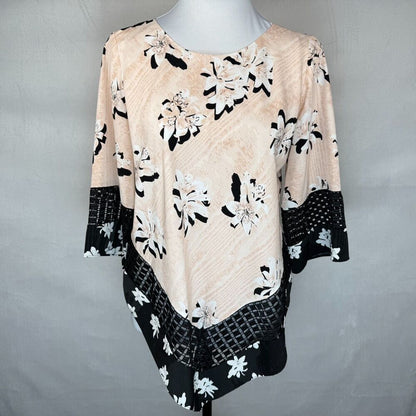 Alfani Women Sz PS Asymmetrical Top Floral Print Crochet Trim Round 3/4 sleeve