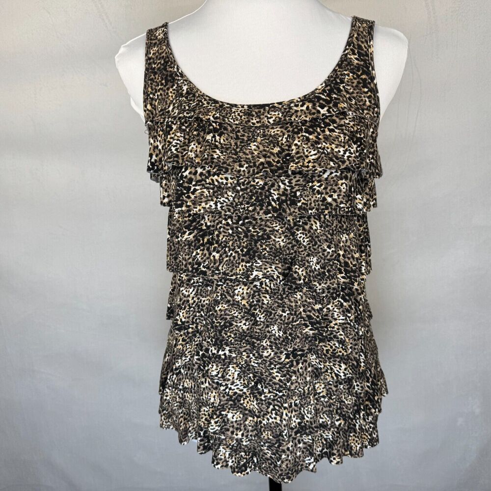 Liz Claiborne Tank Top Sz  PS Brown Leopard Animal Tiered Ruffled Sleeveless