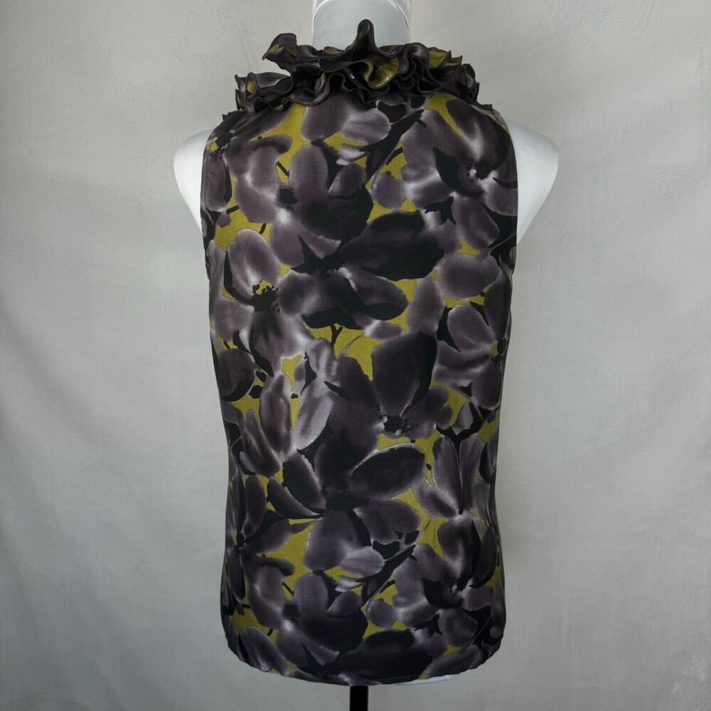 J Crew Top Sz 2 Floral Black Purple Yellow Ruffle Neck Button Down 100% Silk