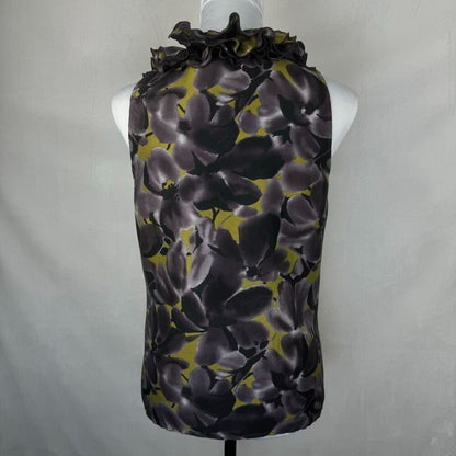 J Crew Top Sz 2 Floral Black Purple Yellow Ruffle Neck Button Down 100% Silk