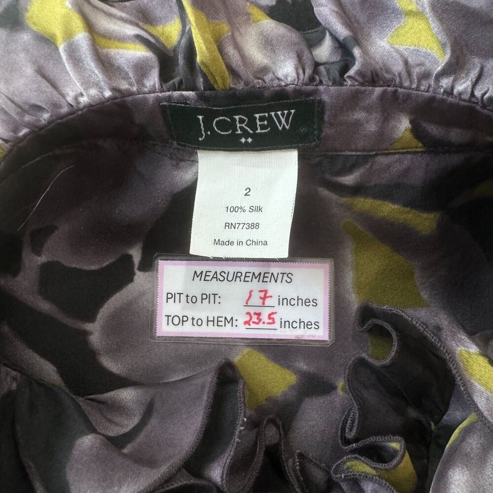 J Crew Top Sz 2 Floral Black Purple Yellow Ruffle Neck Button Down 100% Silk