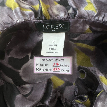 J Crew Top Sz 2 Floral Black Purple Yellow Ruffle Neck Button Down 100% Silk