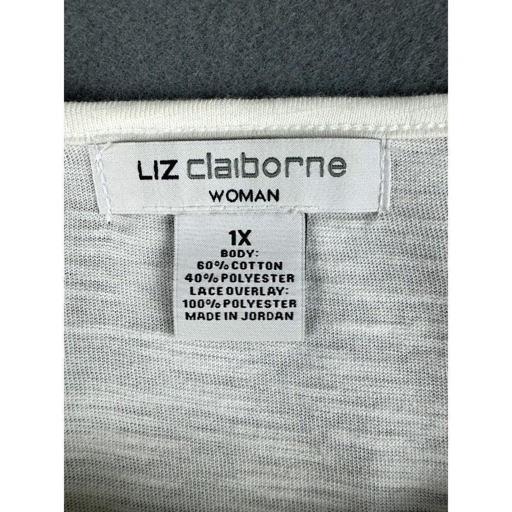 Liz Claiborne Sz 1X White blouse semi lace overlay scoop neck cap sleeve
