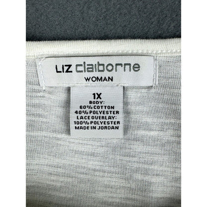 Liz Claiborne Sz 1X White blouse semi lace overlay scoop neck cap sleeve