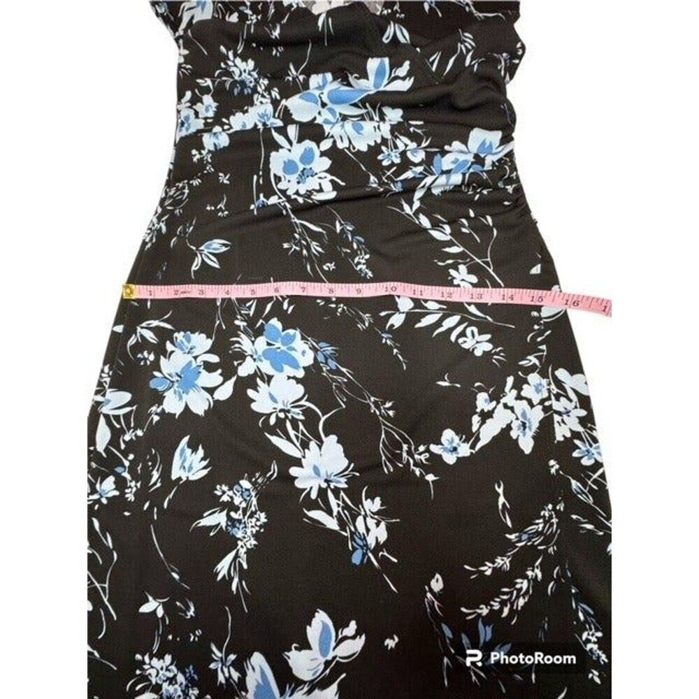 W Wrapper Black Blue Floral Faux Wrap Dress V-Neck Ruched Open Wrap Skirt