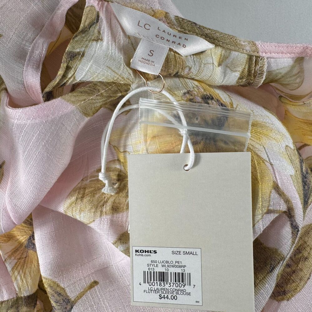 Lauren Conrad Blouse Sz S Floral Open Back Blouse 3/4 Flutter Sleeves Pink