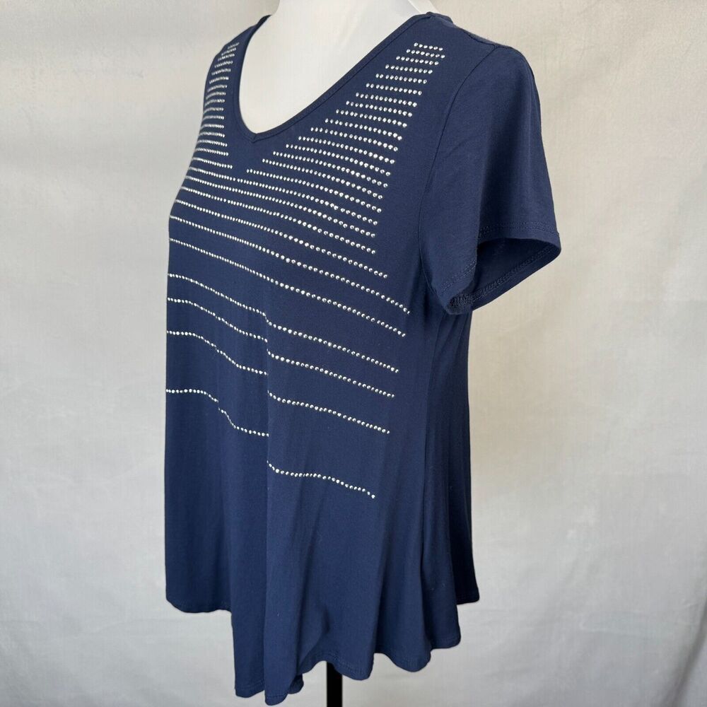 B.L.E.U. Women Sz PM Stretch Top Blue Beaded Scoop Neck Short Sleeve
