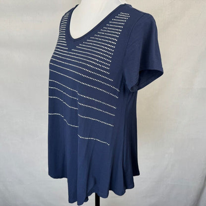 B.L.E.U. Women Sz PM Stretch Top Blue Beaded Scoop Neck Short Sleeve