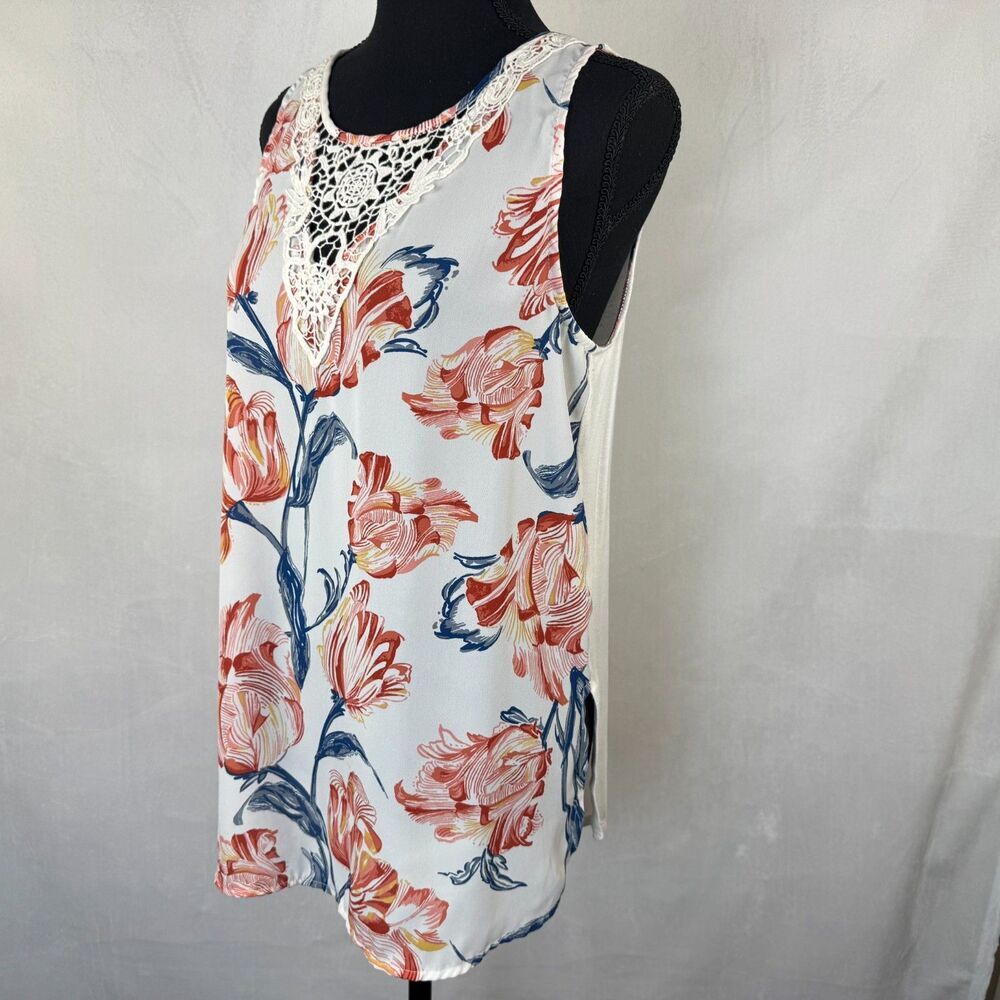 Lauren Conrad Women Sz S Ivory Tank Tunic Floral Print Crochet Neck Sleeveless