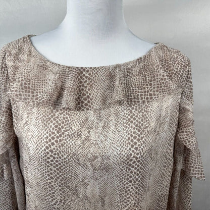 Banana Republic Women Sz S Tan Snake Skin Print Long Sleeve Ruffle Boat Neck