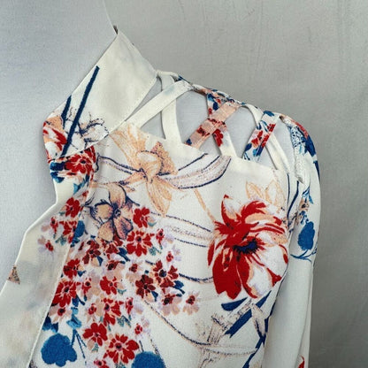 Rue 21 Blouse M White Floral Semi Sheer Tunic 3/4 roll up sleeve Lattice Details