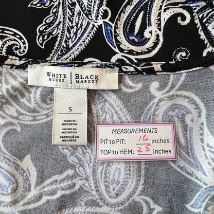 White House Black Market Tank Top Sz S Black Paisley Print Ruffle Scoop Neck