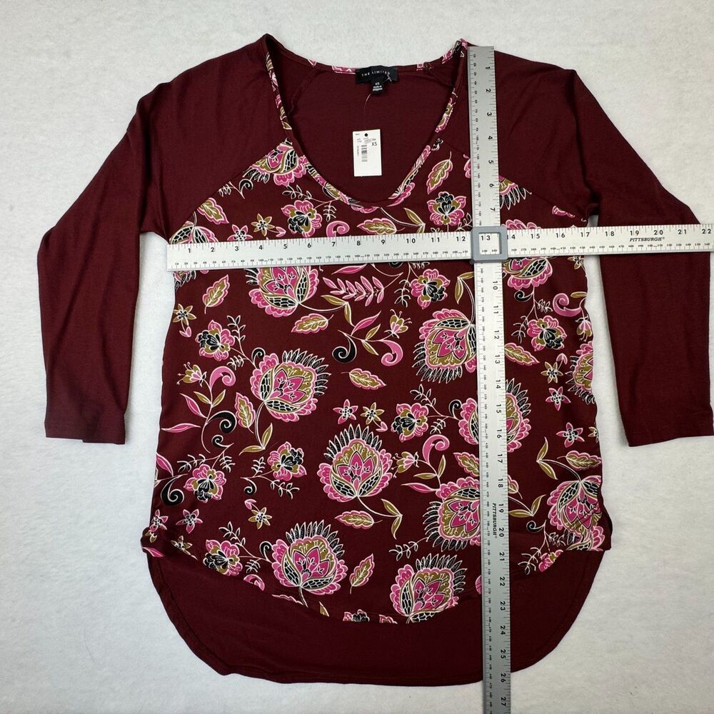 The Limited Women Sz XS NWT Burgundy Long Sleeve Floral Satin Front Knit Back