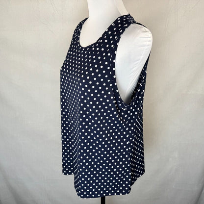 Chaus New York Sz  L Top Navy Polka Dots Scoop Neckline Sleeveless Back Slits