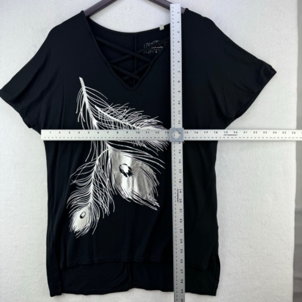 Panhandle Tee Women Sz S Black with metallic print V-Neck Dolman sleeve