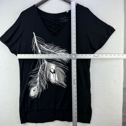 Panhandle Tee Women Sz S Black with metallic print V-Neck Dolman sleeve