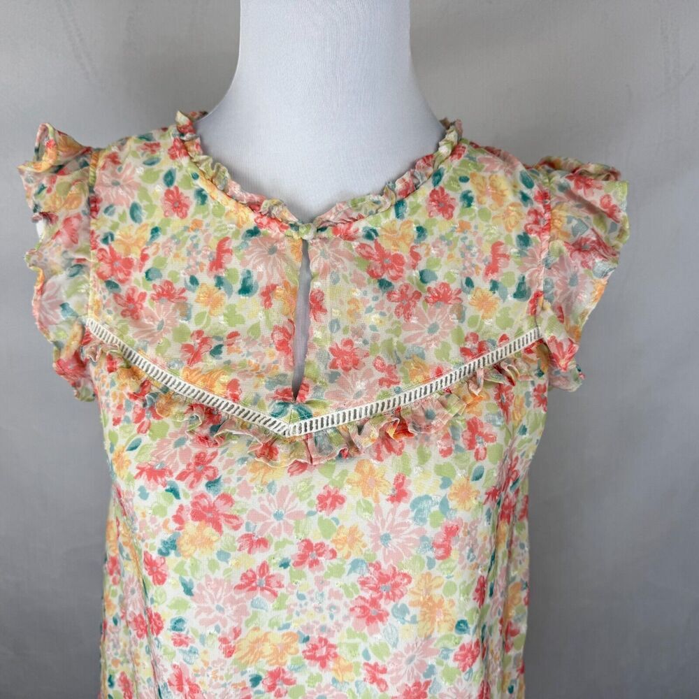 LC Lauren Conrad Top Sz XS Sheer Ivory Floral Ruffled Crew Neck Front Keyhole