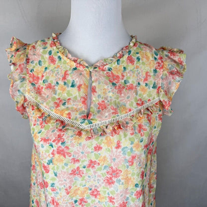 LC Lauren Conrad Top Sz XS Sheer Ivory Floral Ruffled Crew Neck Front Keyhole
