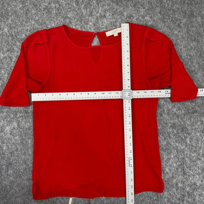 LOFT Women Blouse Sz S Red Sheer Front Boat Neck Short Tulip Sleeve Back Knit