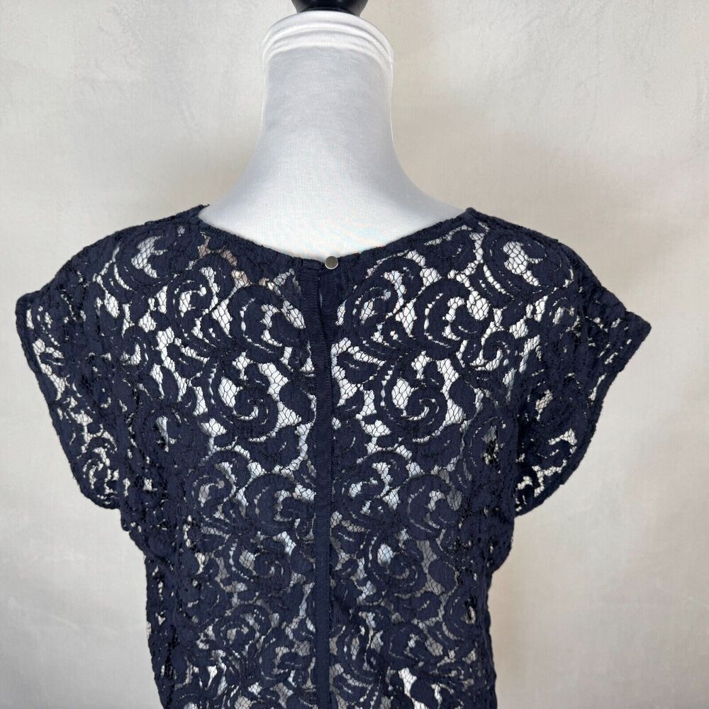 Loft Women Sz L Navy Lace Crochet Round Neck Cap Sleeve
