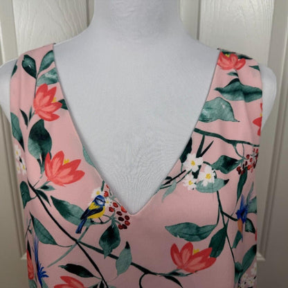 Finn & Grace Women Sz M Top Layered Pink Floral Birds Print VNeck Sleeveless