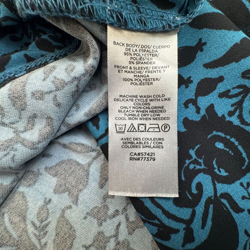 Ann Taylor Top Sz XS Blue Floral Print Stretch V Neck Pleat Long Cuffed Sleeve