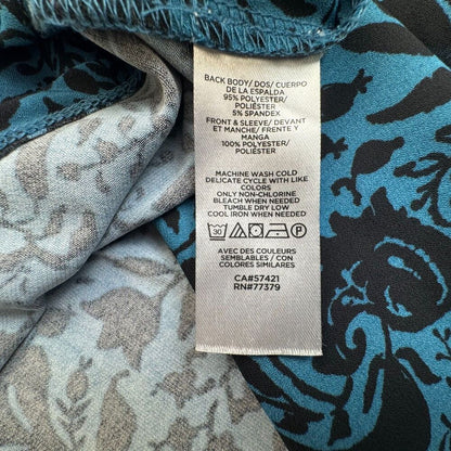 Ann Taylor Top Sz XS Blue Floral Print Stretch V Neck Pleat Long Cuffed Sleeve