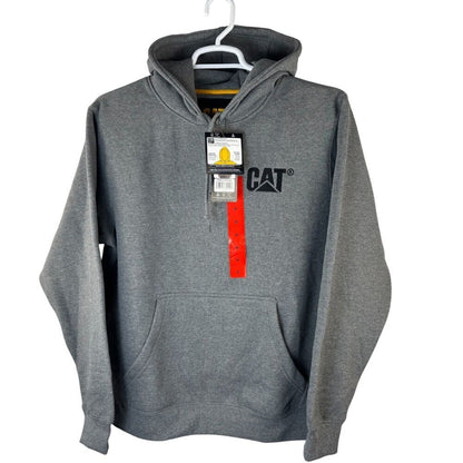A gray heathered CAT brand pullover hoodie hanging on a white hanger against a white background, featuring a black CAT logo on the left chest and a red-and-white hangtag attached to the neck.