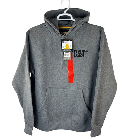 A gray heathered CAT brand pullover hoodie hanging on a white hanger against a white background, featuring a black CAT logo on the left chest and a red-and-white hangtag attached to the neck.