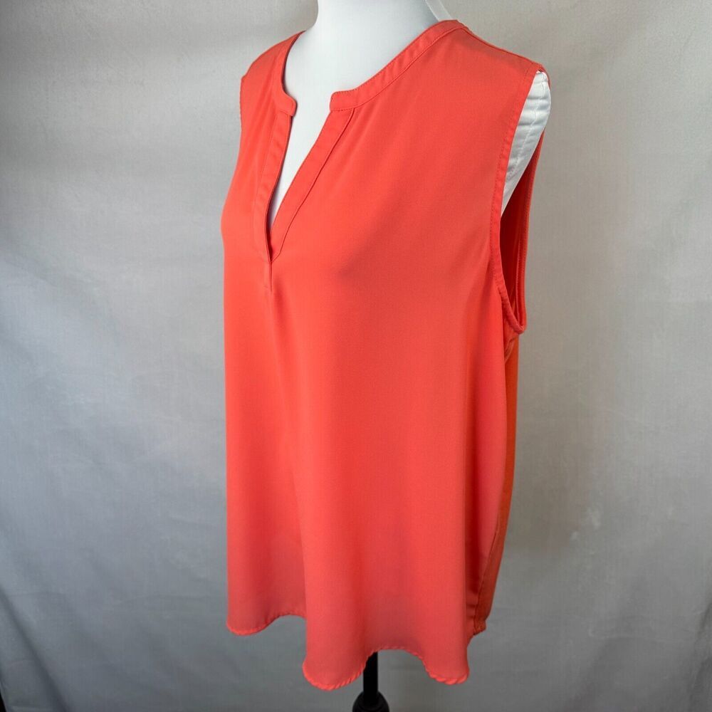 Papermoon Women Blouse Sz 2X Coral Split Neck Sheer Front Knit Back Sleeveless