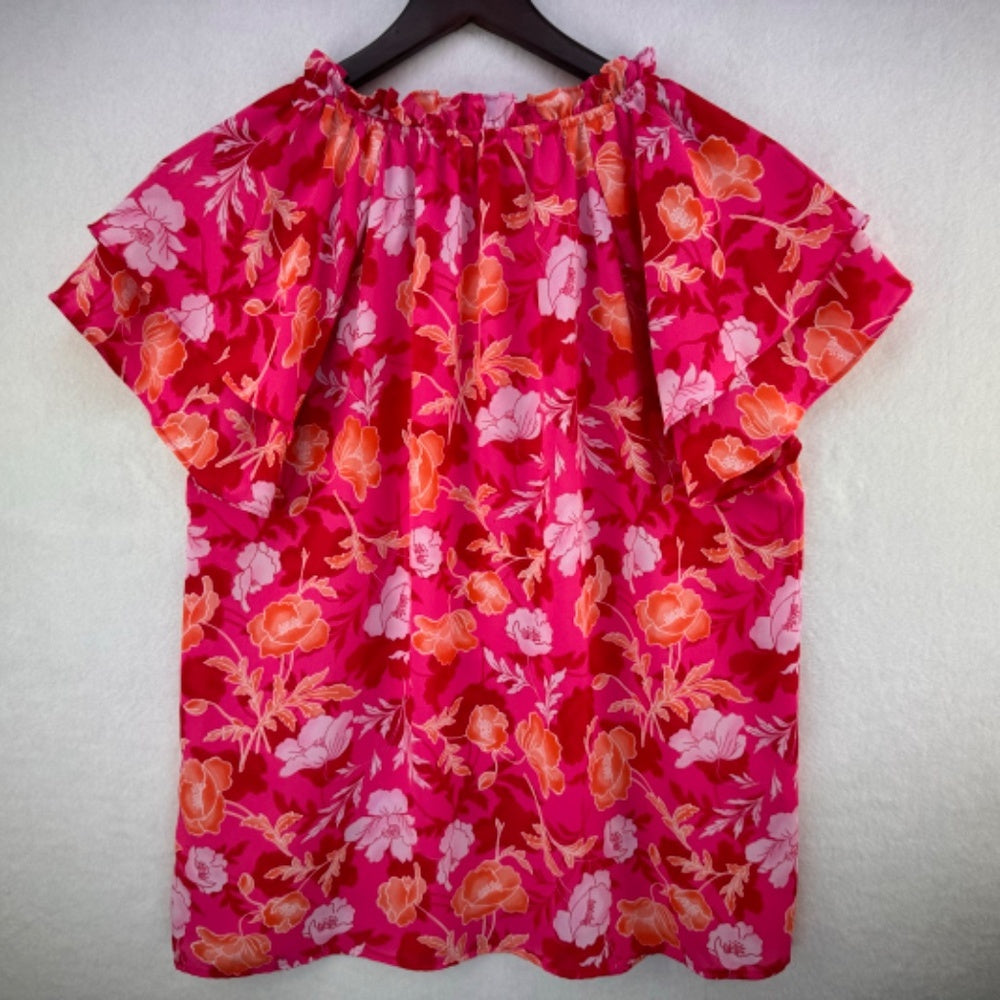 Pleione Top Sz S Pink with Floral Print Flutter Short Sleeve Ruffled Neckline
