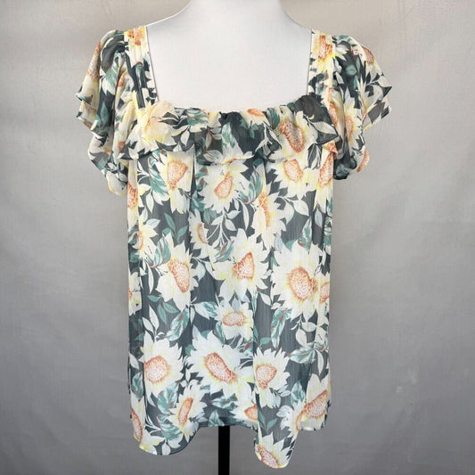 LC Lauren Conrad Women Sz S Sheer Square Ruffle Neck Pleated Sunflower Print
