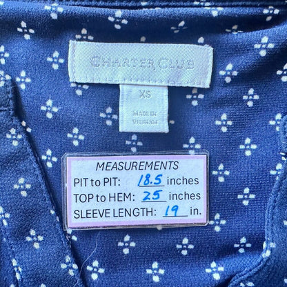 Charter Club Blouse Sz XS Blue White Print Henley Pleat Front 3/4 Flare Sleeve