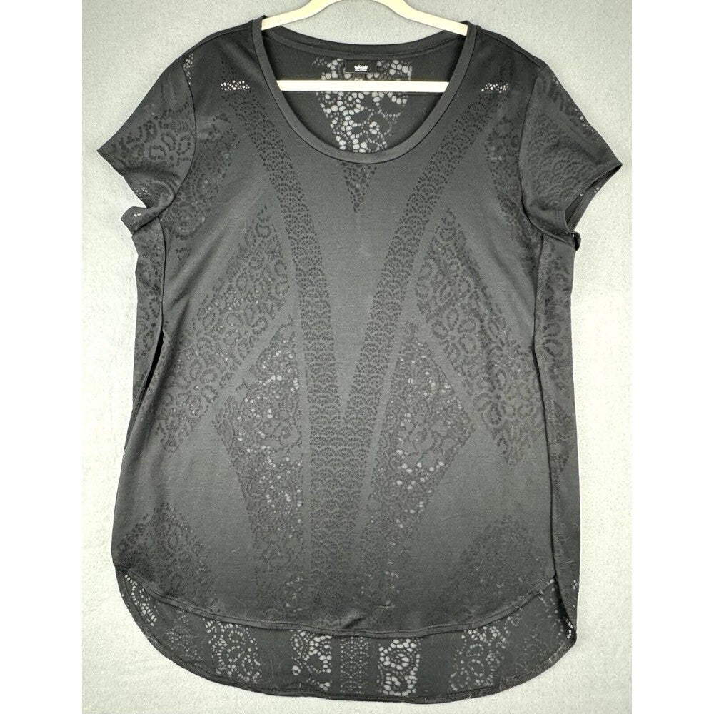 A dark gray short-sleeve top with a scoop neck, featuring a textured lace-like pattern and a decorative embroidered neckline, hanging on a white hanger against a light gray background.