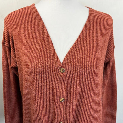 American Eagle Crop Top Sz XS Burnt Umber Ribbed Knit Button up VNeck Tie Front