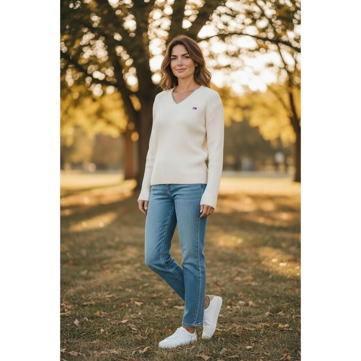 U.S. Polo Assn Women Medium Ribbed V Neck Sweater Cream Long Sleeve NWT