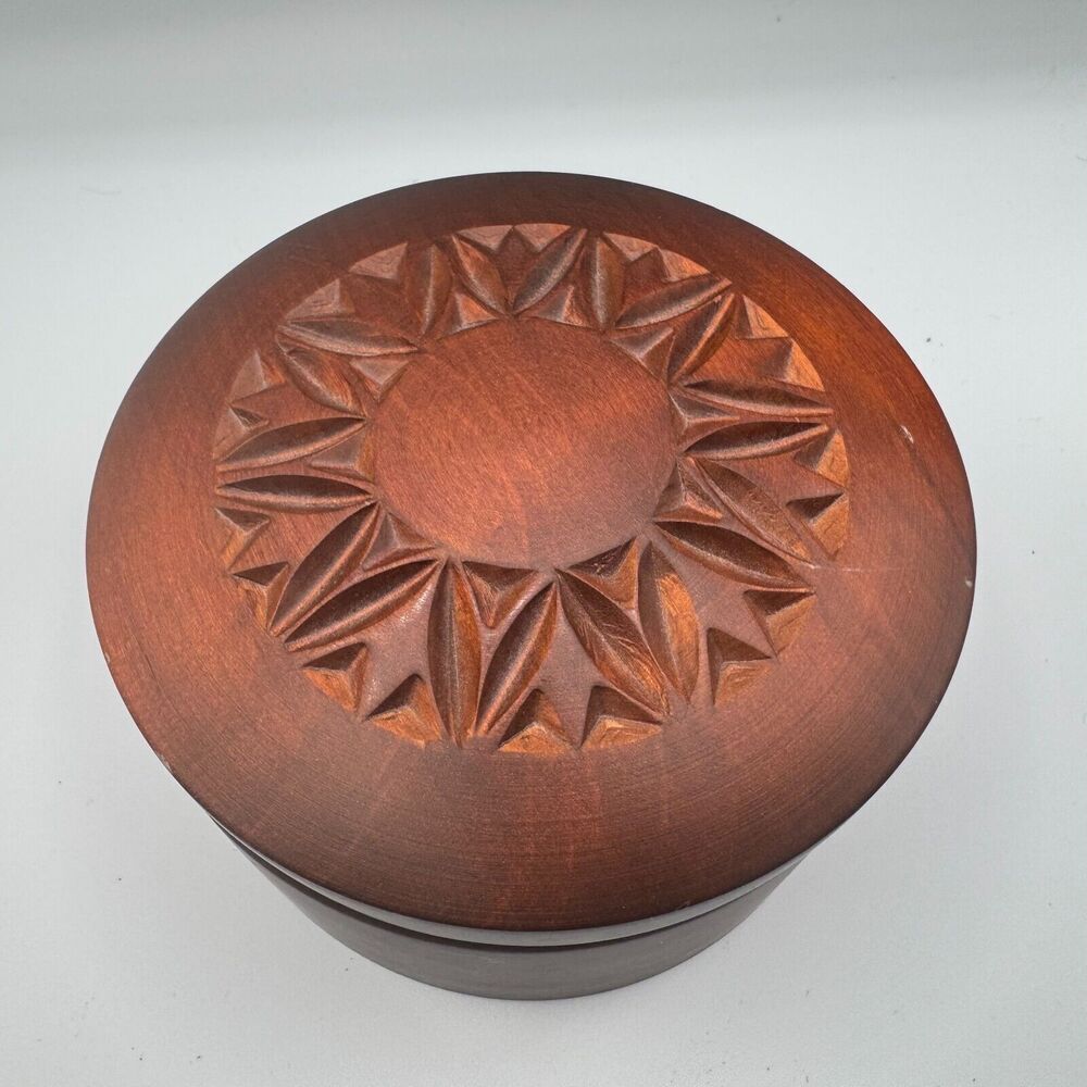 Carved Wood Trinket Lid Jewelry Box Brown 4.5" Diameter Made in Poland