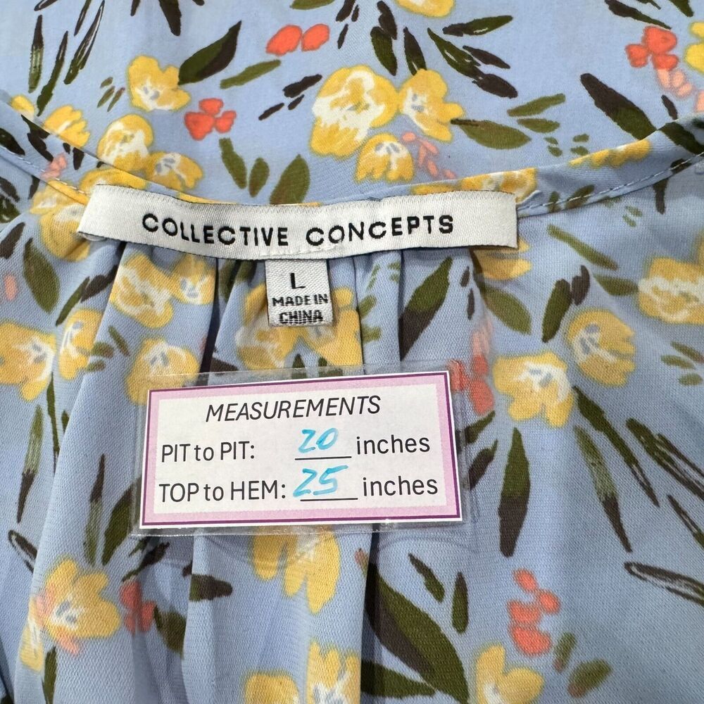 Collective Concepts Tank Top Sz L Blue Floral Split Tie Neck Ladder Stitch Trim