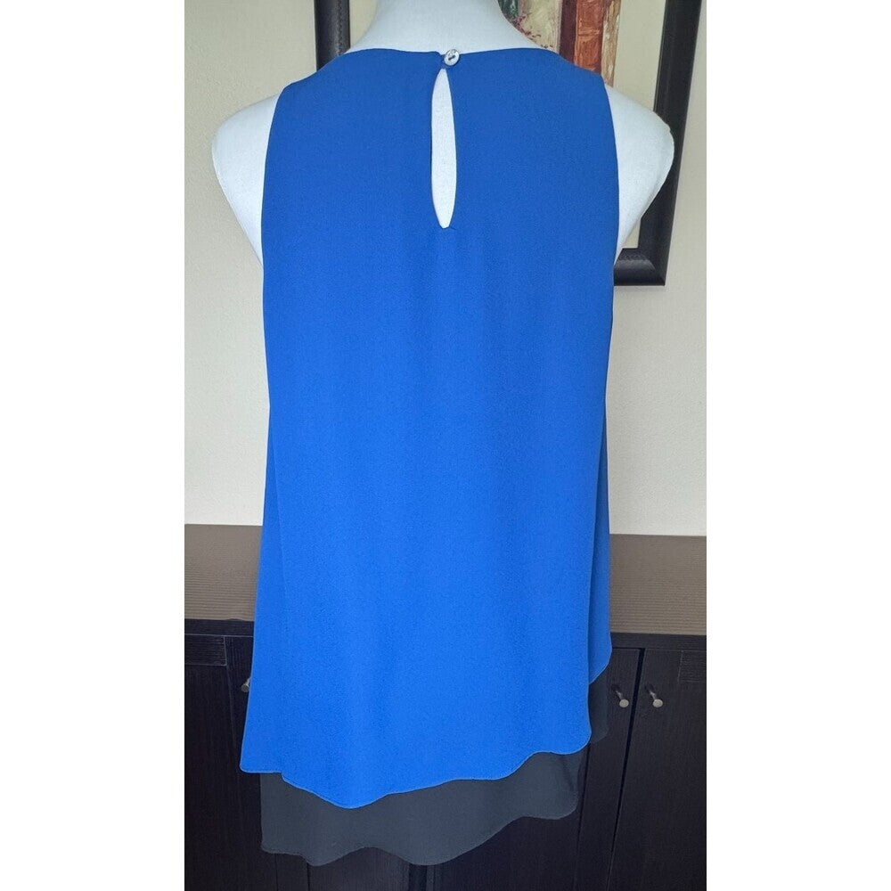StudioM Top Sz XS Layered Royal Blue Black Asymmetrical Round Neck Sleeveless