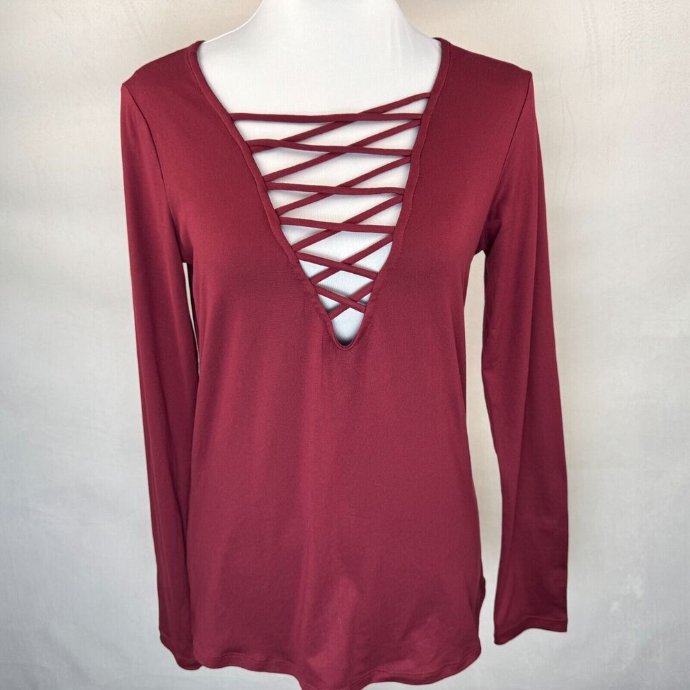 Daytrip Top Sz S Burgundy Soft Knit Loop Lace Up Long Sleeve
