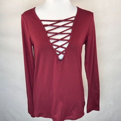 Daytrip Top Sz S Burgundy Soft Knit Loop Lace Up Long Sleeve