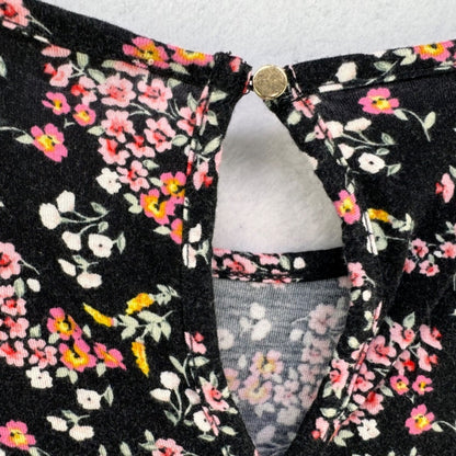 Loft Tank Top Sz M Black multicolor flowers back keyhole gold button