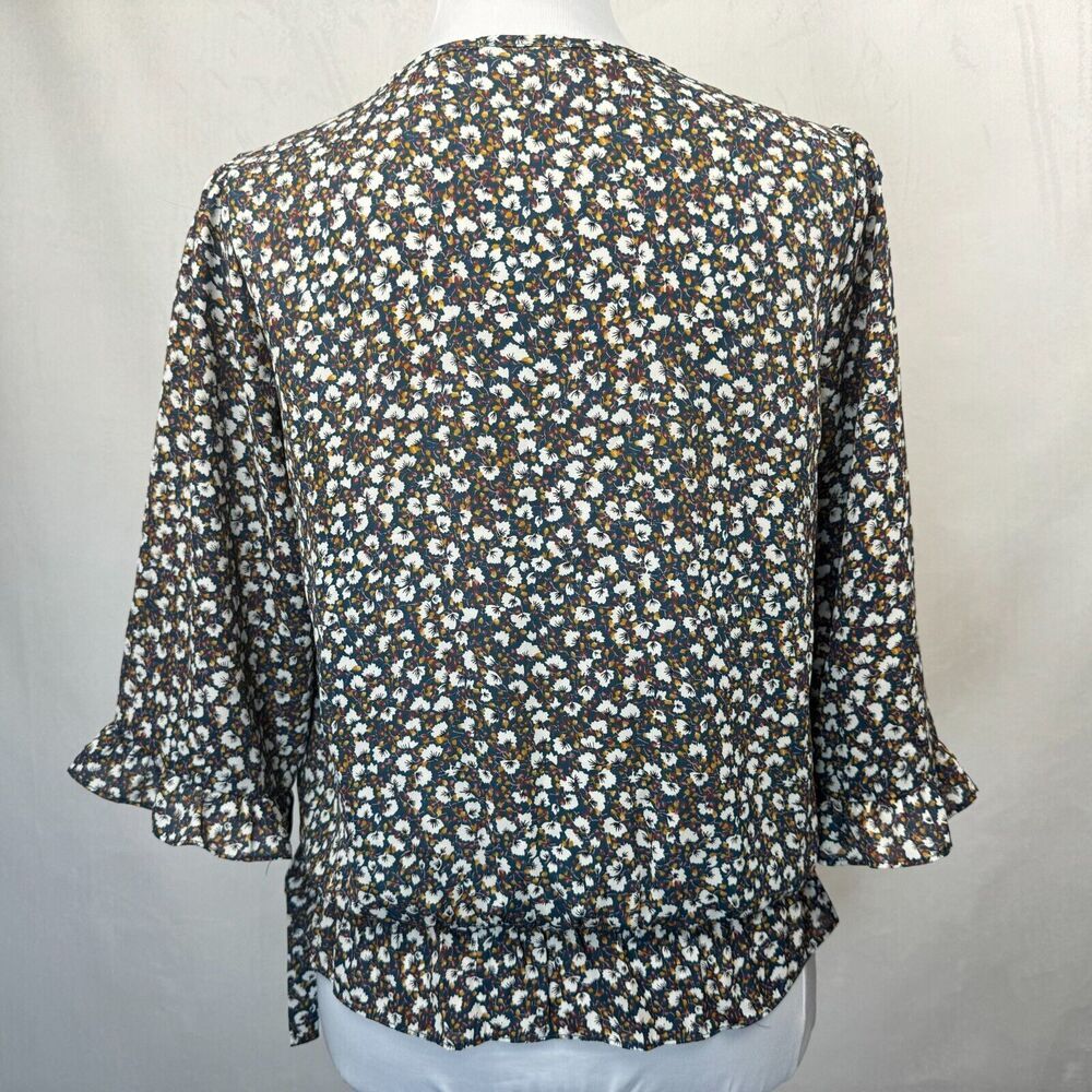 Sienna Sky Crop Top Sz S Faux Wrap Blue Floral 3/4 Sleeve