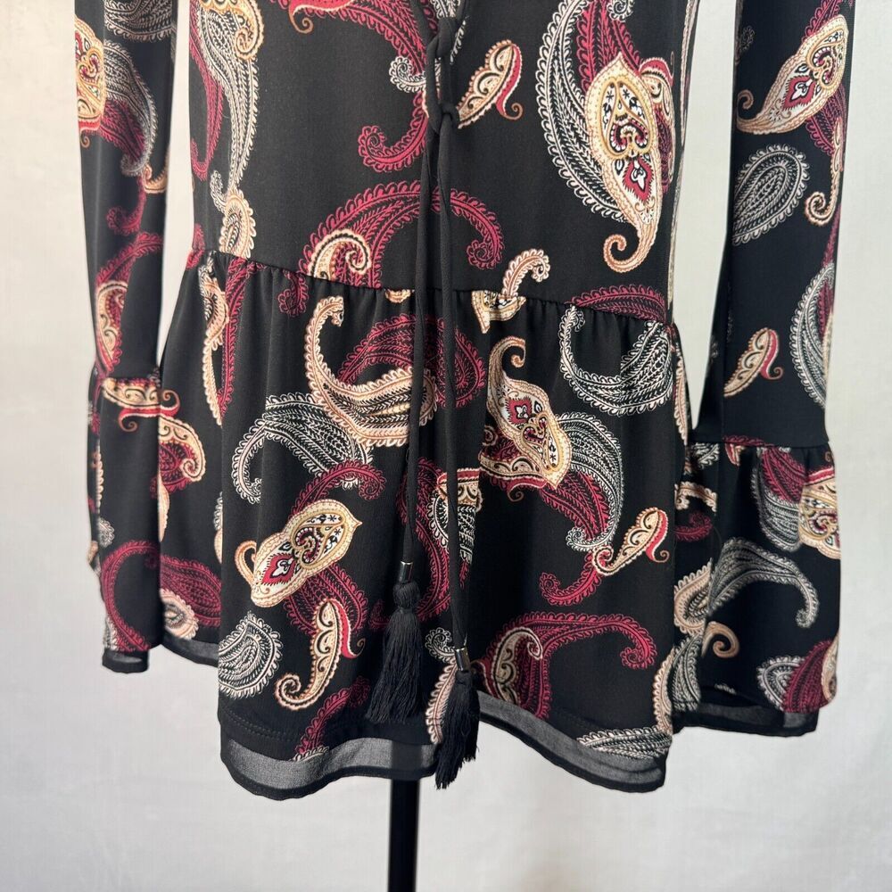 White House Black Market Sz XXS Paisley Print Peplum Criss Cross Tie Bell Sleeve