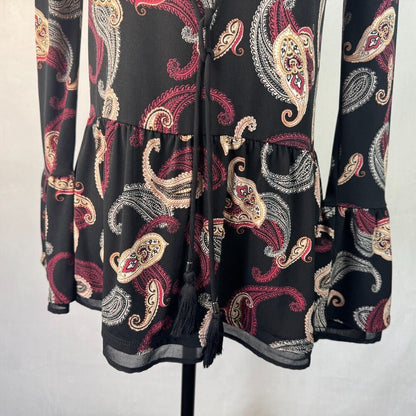 White House Black Market Sz XXS Paisley Print Peplum Criss Cross Tie Bell Sleeve