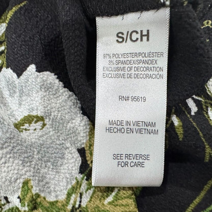 Fever Blouse Sz S Black Green White Floral Print VNeck Ladder Trim 3/4 Sleeves