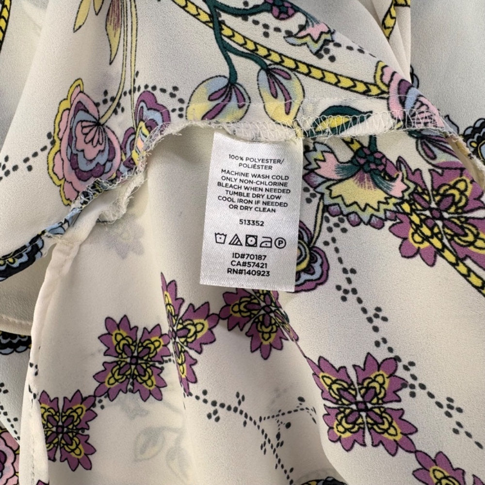 LOFT Blouse Sz M White Printed Tie Neckline Ruffle Cap Sleeves